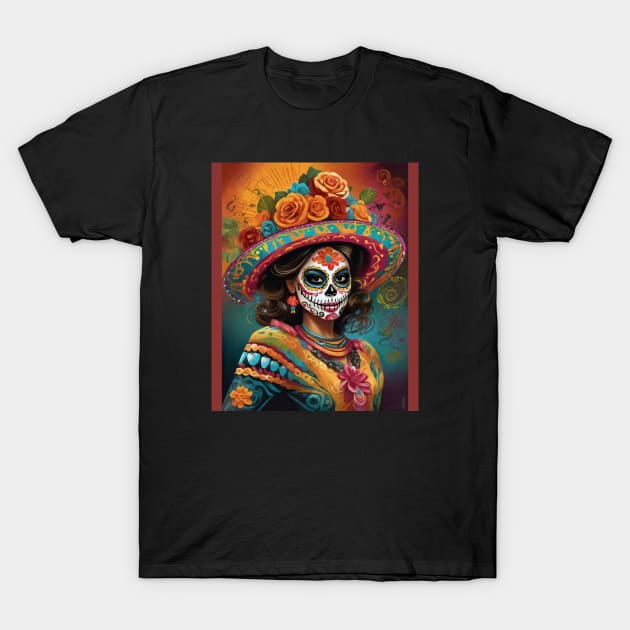 Vibrant Day of the Dead Look: Woman in Sugar Skull Makeup T-Shirt by ImaginativeInkPOD